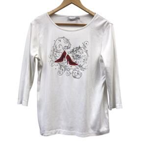 Nicole Miller Nicki Top Womens Medium White Silver Red Heels Black Rhinestones